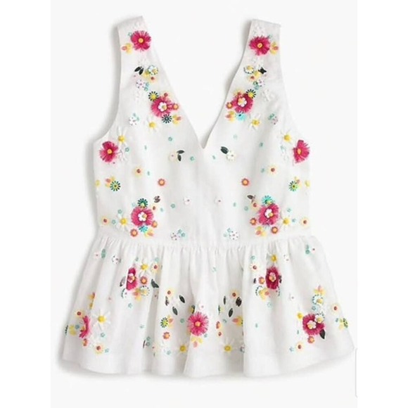 J. Crew Tops - J. Crew Beaded Embroidered White Peplum Top‎ Tank Linen Preppy Old Money Spring